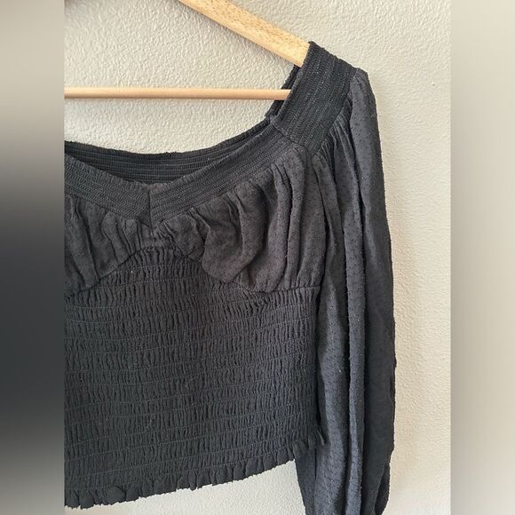 All Saints Tia Textured Puff Sleeve Cropped Top Black Size 6 - Picture 3 of 6